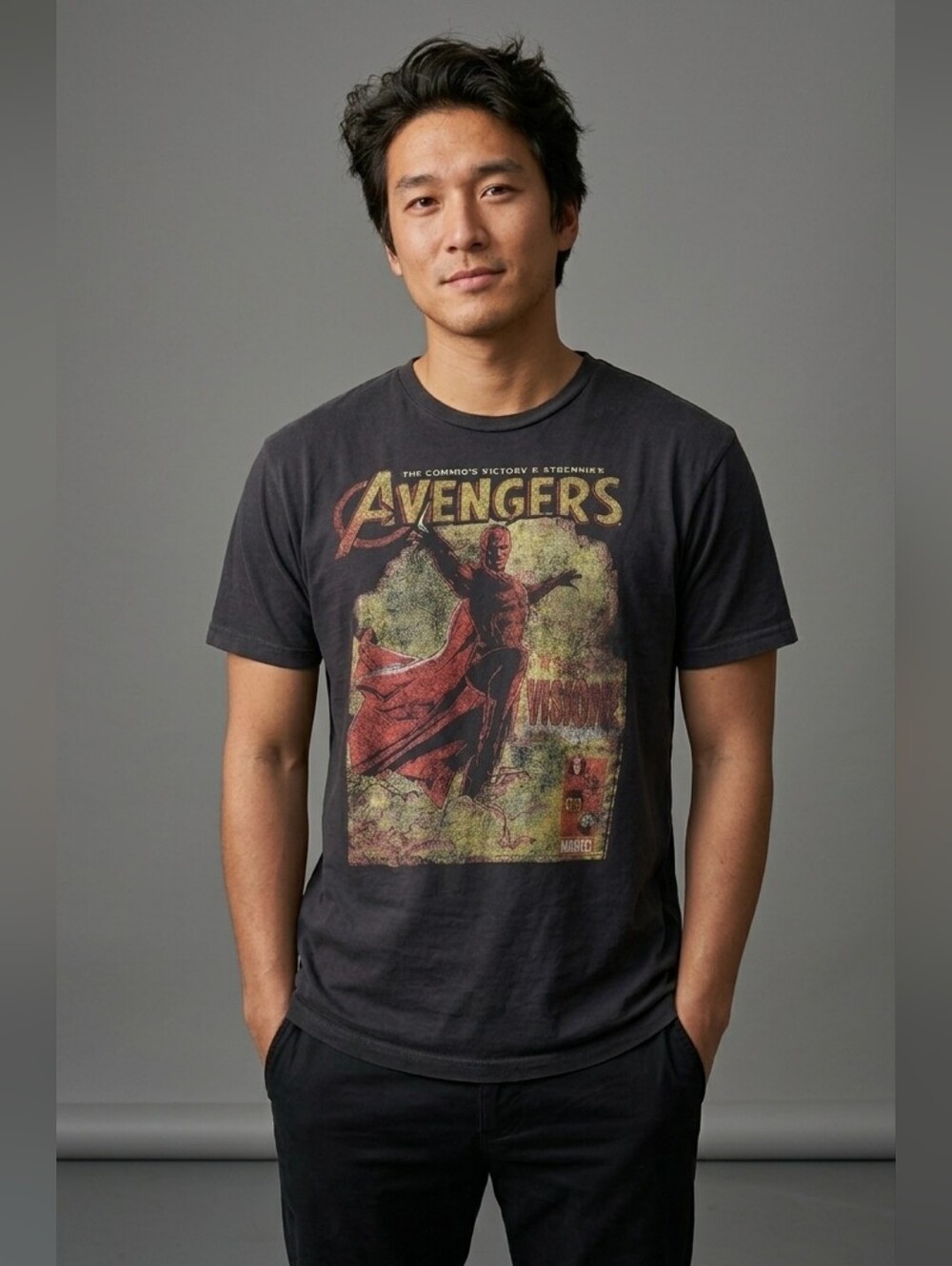 Marvel Avengers Vision Graphic Tee Size L Black Vintage Style Shirt